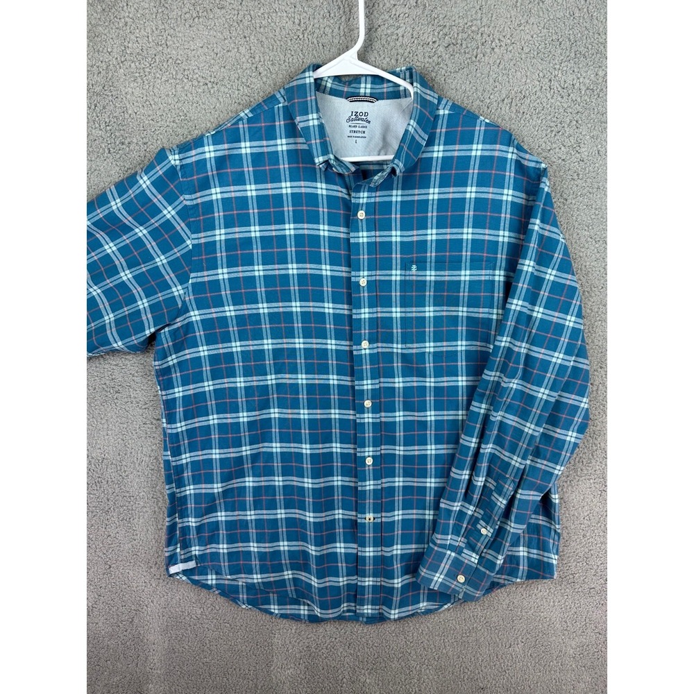Izod Saltwater Shirt Men's Large Plaid Newport Oxford Stretch Relaxed Stretch